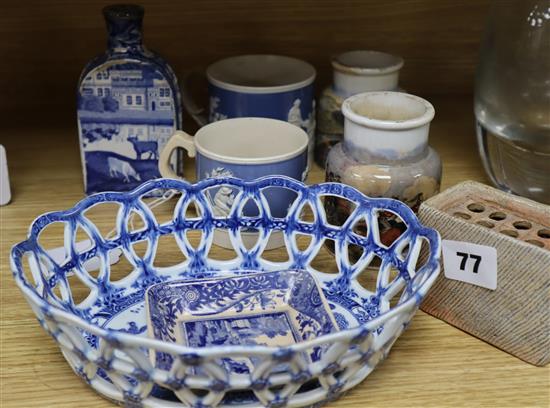 A Victorian blue and white chestnut basket, a caddy, two Prattware pots, etc.